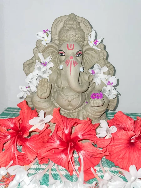 Lord Ganesh Idol Aus Schlamm Und Dekoriert Mit Weißen Und — Stockfoto