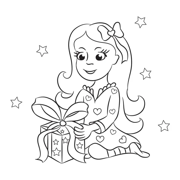 La chica con un regalo. El libro para colorear — Vector de stock