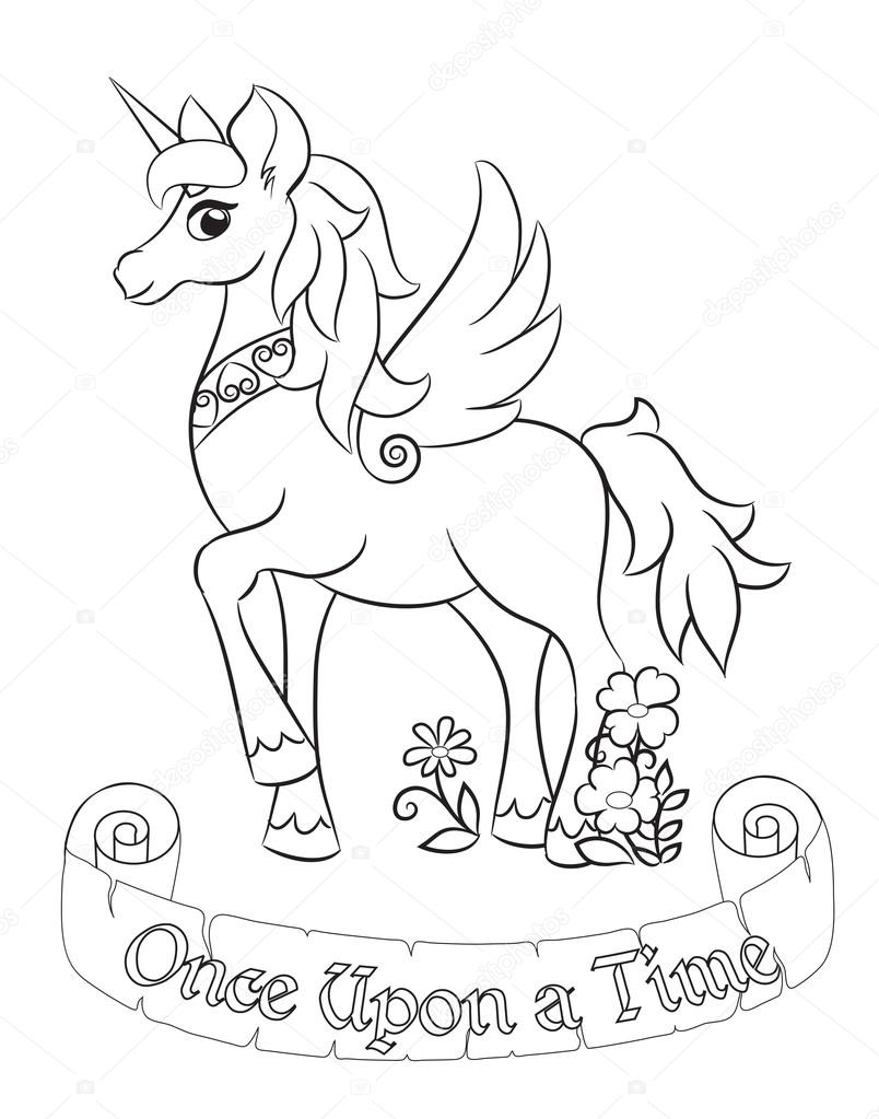 Libro da colorare Favoloso Unicorno bianco Illustrazione del libro per bambini per il racconto fairy Favoloso Unicorno bianco — Vettoriali di SnowKat