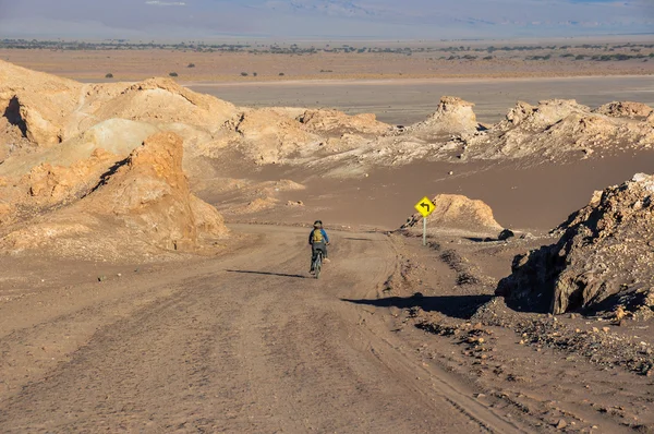 Fietser naar beneden de valle de la luna in de buurt van san pedro de atacam — Stockfoto