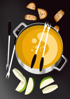 Koyu arkaplanda elma ve ekmekle çikolata ya da peynir fondü seti