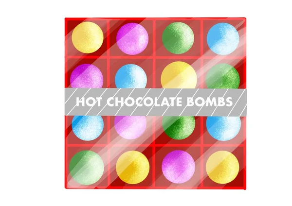 Ensemble Festif Boîte Rouge Pour Noël Avec Bombes Chocolat Chaud — Image vectorielle