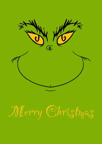 Christmas New Year Green Card Grinch Face — Stock Vector