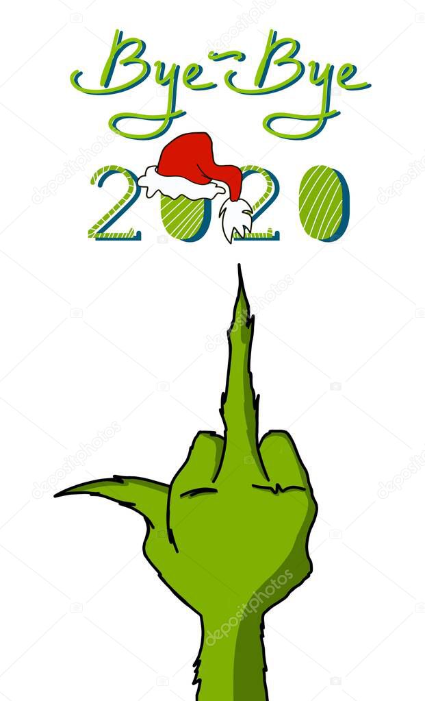 Christmas or new year card on blue background with grinch hand with gesture. middle finger. bye bye 2020