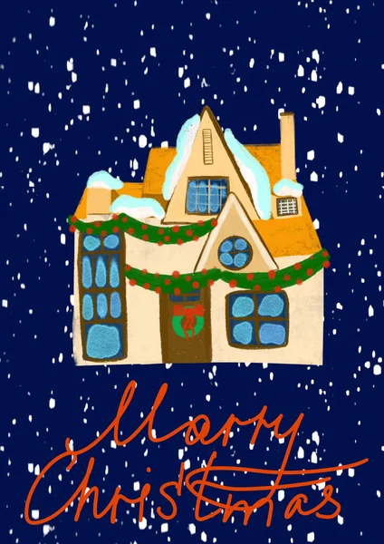 Kártya Kék Alapon Egy Karácsonyi Ház Képével — Stock Vector