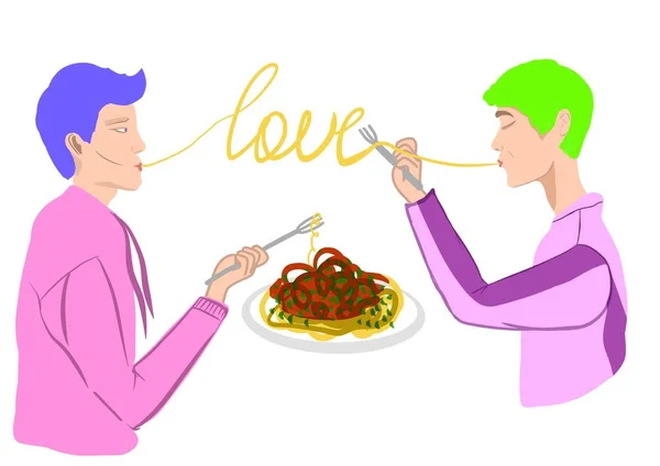 Zwei Schwule Männer Essen Beim Abendessen Pasta Nudeltext Liebe Gleichberechtigung — Stockvektor
