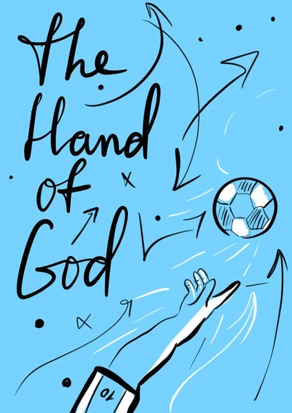 手写黑色文字蓝色背景与标志 箭头和球的手 上帝的手 马拉多纳 — 图库矢量图片