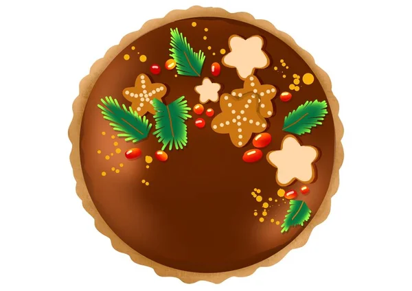 크리스마스 초콜릿 케이크는 쿠키와 잔가지와 열매로 장식되어 — 스톡 벡터