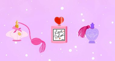 Pembe arkaplanda üç parfüm. Sevgililer Günü.