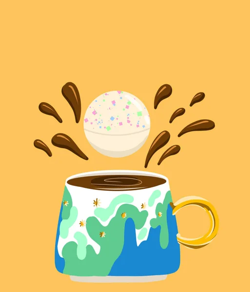 用可可和巧克力泼洒的杯子 热巧克力炸弹黄色背景 — 图库矢量图片