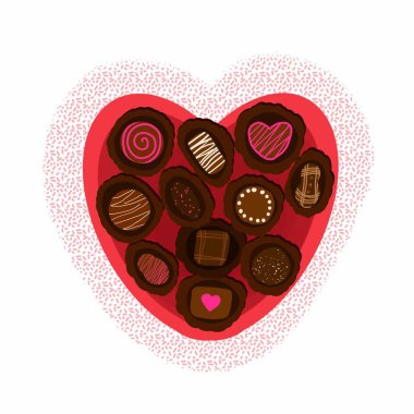 Kırmızı bir kalp şeklinde kırmızı bir kutu ve izole bir arka planda çikolatalar. Sevgililer Günü