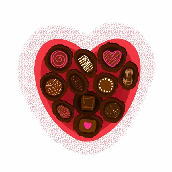 Caja Roja Forma Corazón Rojo Con Chocolates Sobre Fondo Aislado — Vector de stock