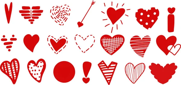 Set Different Red Hand Drawn Hearts Valentine Day White Isolated — Stock Vector