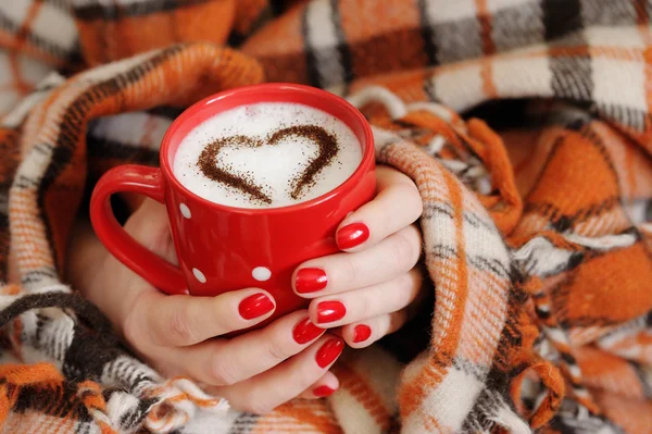 Female hands close up holding red mug with heart.