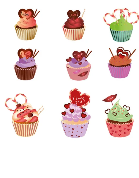 Establecer Cupcakes Para Día San Valentín — Vector de stock