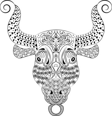 siyah ve beyaz zentangle boğası