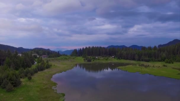 Полет над водой маленького озера — стоковое видео