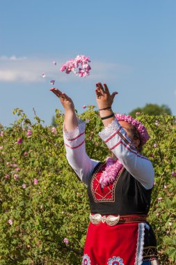 Bulgaristan gülü malzeme çekme Festivali sırasında poz kız