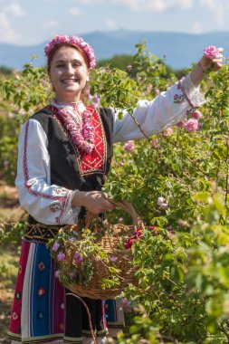 Bulgaristan gülü malzeme çekme Festivali sırasında poz kız