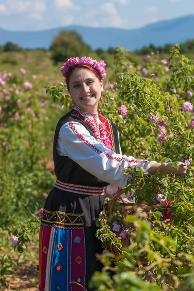 Bulgaristan gülü malzeme çekme Festivali sırasında poz kız — Stok fotoğraf