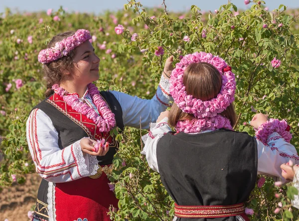 Bulgaristan gülü malzeme çekme Festivali sırasında poz kızlar Stok Resim