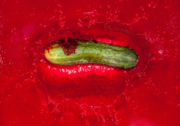 Zielony ogórek w czerwonej wodzie — Zdjęcie stockowe