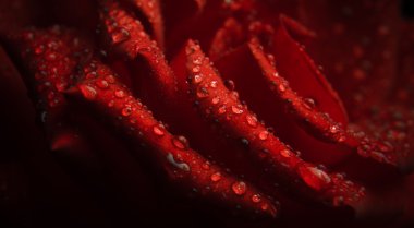 bir kırmızı gül yaprakları üzerinde Su damlacıkları