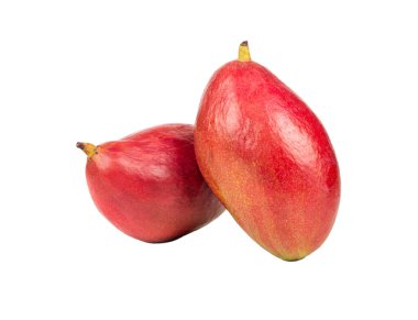 Beyaz arka planda iki olgun kırmızı mango meyvesi.