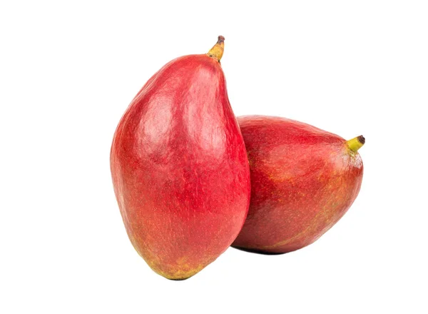 Δύο Κόκκινα Φρούτα Μάνγκο Απομονωμένα Λευκό Φόντο — Φωτογραφία Αρχείου