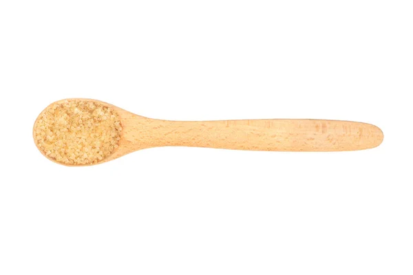 Hnědý Cukr Dřevěné Lžíci Izolované Bílém Pozadí Horní Pohled — Stock fotografie