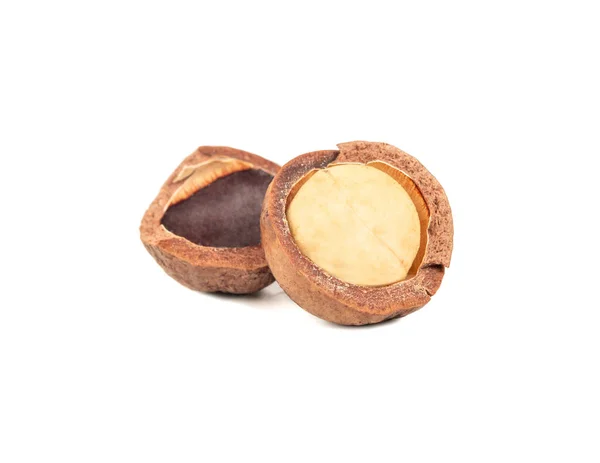 Split Macadamia Nuss Isoliert Auf Weißem Hintergrund — Stockfoto