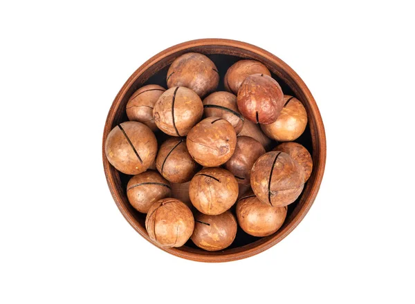 Macadamia Ořech Keramické Misce Bílém Pozadí Pohled Shora — Stock fotografie