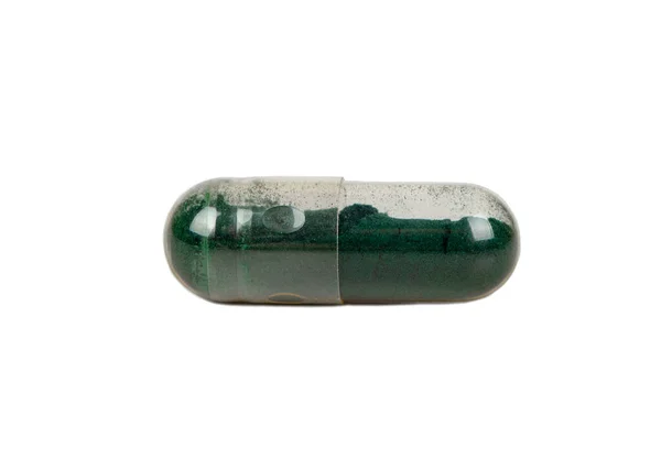 Διαφανής Κάψουλα Φαρμακευτικό Πράσινο Γρασίδι Απομονώνονται Λευκό Φόντο — Φωτογραφία Αρχείου