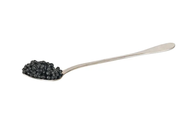 Caviar Preto Uma Colher Isolada Fundo Branco — Fotografia de Stock