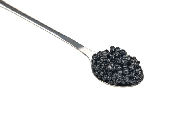 Caviar Preto Uma Colher Metal Close Isolado Fundo Branco — Fotografia de Stock