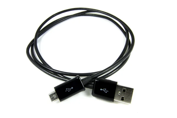 Siyah cep telefonu şarj cihazı kablo izole beyaz arka plan üzerinde