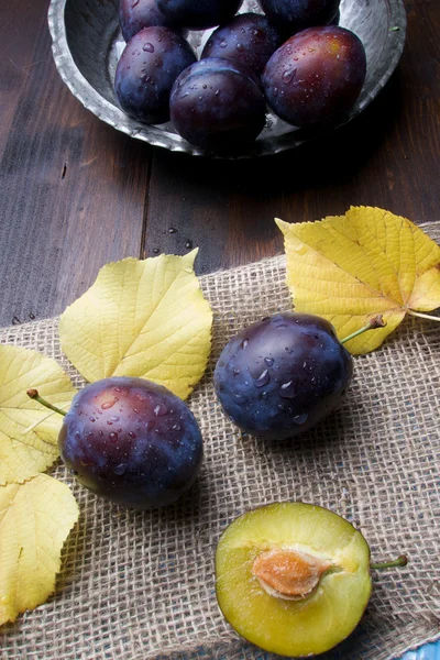 Violette frische rohe Pflaumen mit Herbstblättern — Stockfoto