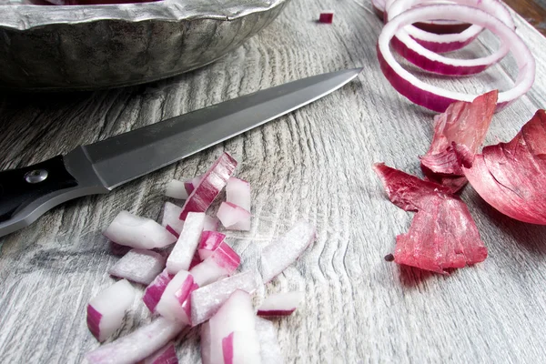 Red onion with radish on old vintage plate — Stock Photo, Image