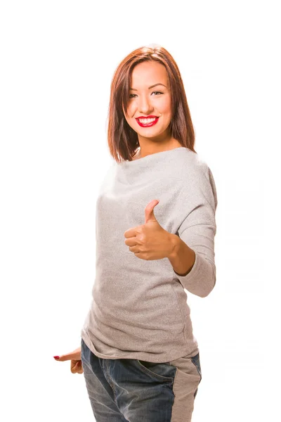 Brown hair beautiful woman with thumb up. — Stock Photo, Image