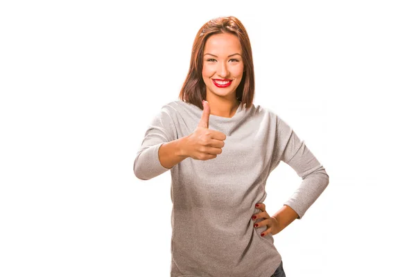 Brown hair beautiful woman with thumb up. — Stock Photo, Image