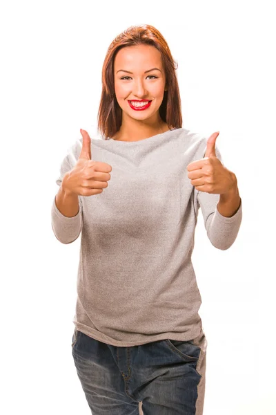 Brown hair beautiful woman with thumb up. — Stock Photo, Image