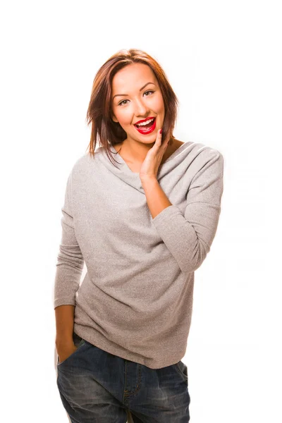 Brown hair beautiful woman very excited wearing grey shirt and j Stock Photo