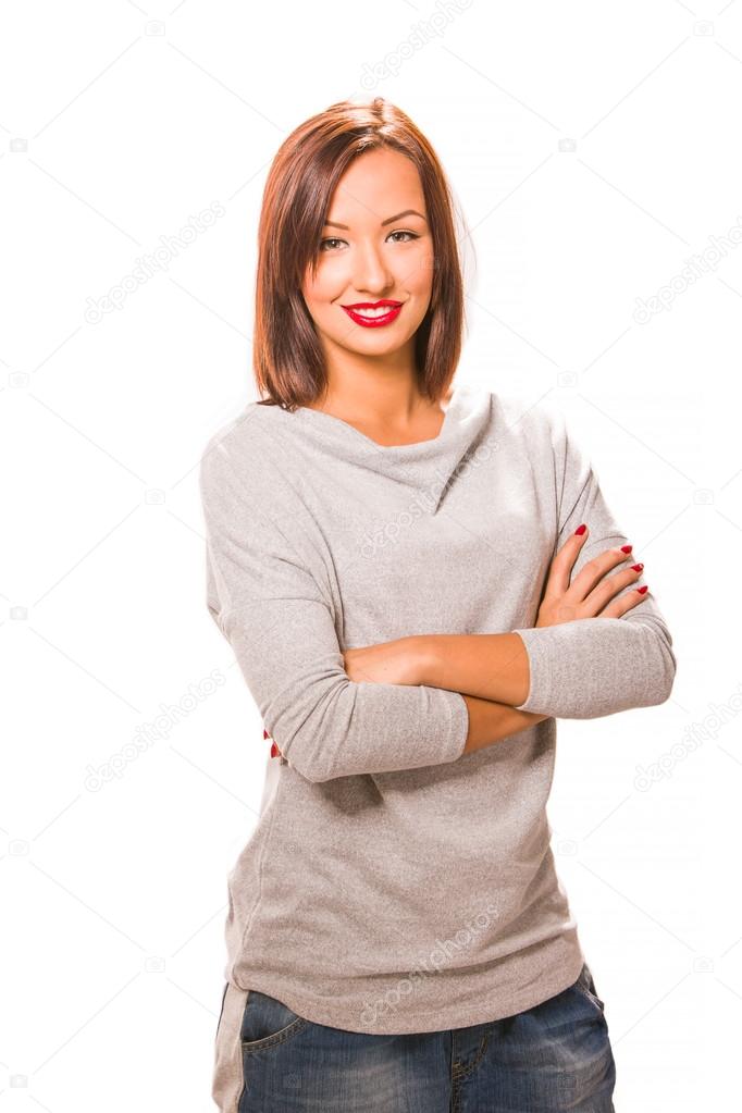 Brown hair beautiful woman with cross hands wearing grey shirt a