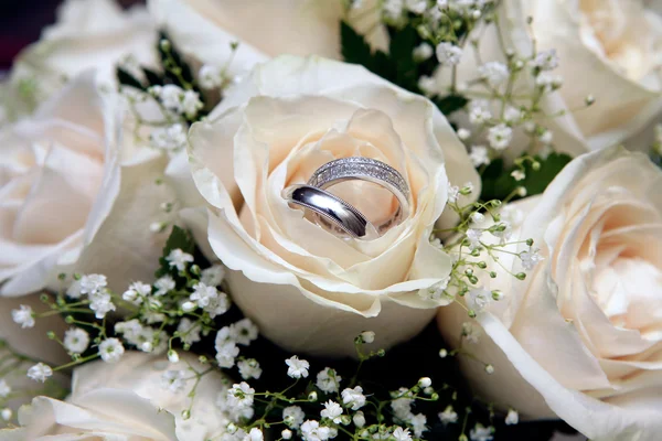 White roses with wedding rings. — Stock Photo, Image
