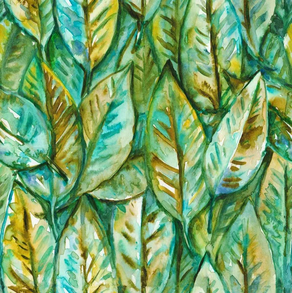 Padrão sem costura com aquarela pintada expressivas folhas verdes — Fotografia de Stock