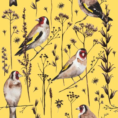Saka kuşları, sonbahar kuru bitkileri ve çiçekleriyle kusursuz bir klasik desen. Suluboya resim