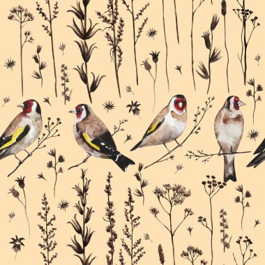 Altın ispinoz kuşları, sonbahar kuru bitkileri ve çiçeklerle sınırda mükemmel bir klasik desen. Suluboya resim