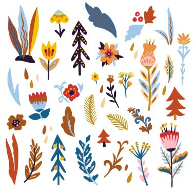 Şirin karalama bitkileri ve çiçekleri olan büyük bir set.