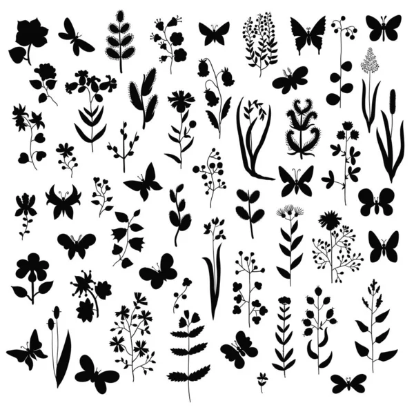 Büyük siyah çiçek siluetleri, dallar, yapraklar, diğer bitki elementleri ve kelebekler beyaz üzerine izole edilmiş.. — Stok Vektör