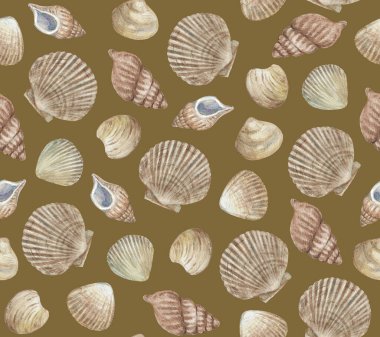 Deniz kabukları ile klasik, dikişsiz desen. Suluboya resim. 